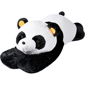 Labauxite panda body pillow relaxed on bed, ideal reading or TV companion.