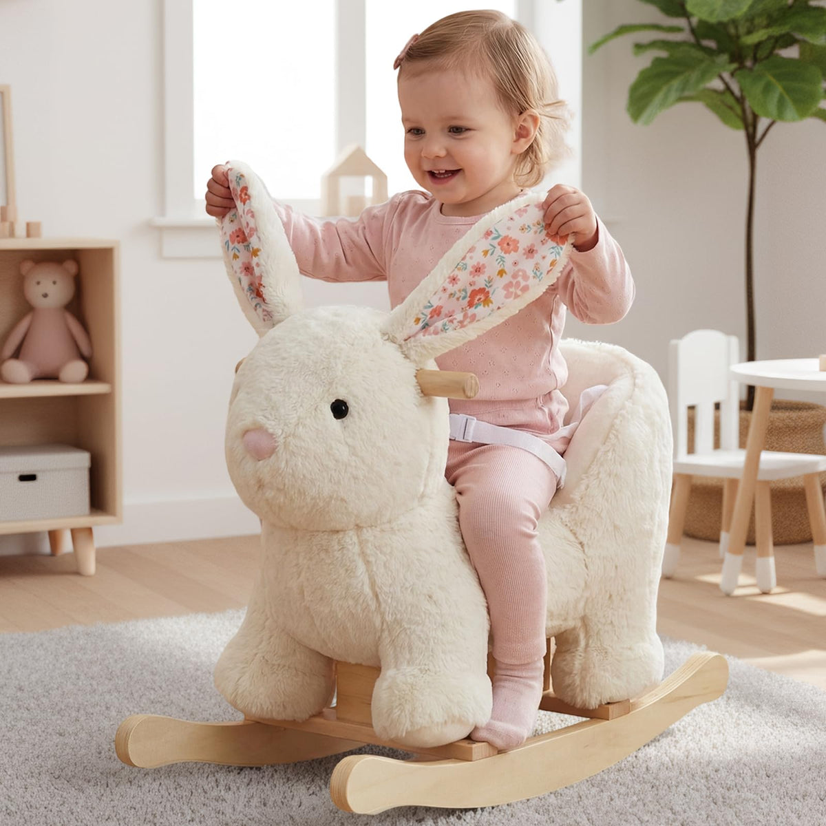 Labebe baby rocking horse with floral ear design promotes imaginative play