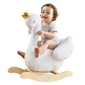 Labebe Kids Rocking Horse White Swan front view highlights sturdy wood for lasting play
