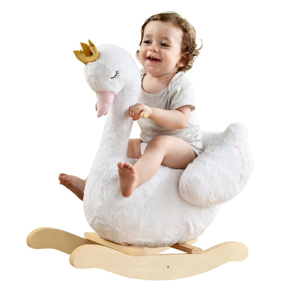Labebe Kids Rocking Horse White Swan front view highlights sturdy wood for lasting play