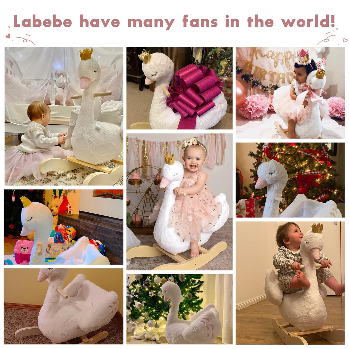 Labebe Kids Rocking Horse White Swan plush fabric closeup displays soft, stain-resistant comfort