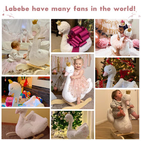 Labebe Kids Rocking Horse White Swan plush fabric closeup displays soft, stain-resistant comfort