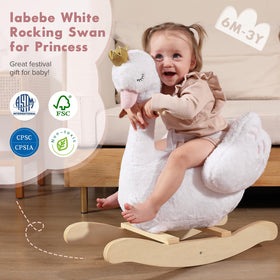 Labebe Kids Rocking Horse White Swan side view shows secure rocking and belt