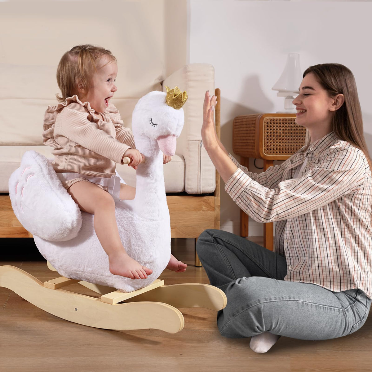 Labebe Kids Rocking Horse White Swan wood structure closeup reveals durability