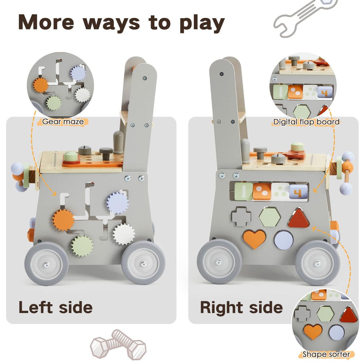 Labebe learning accessories on the walker support imaginative play sessions.