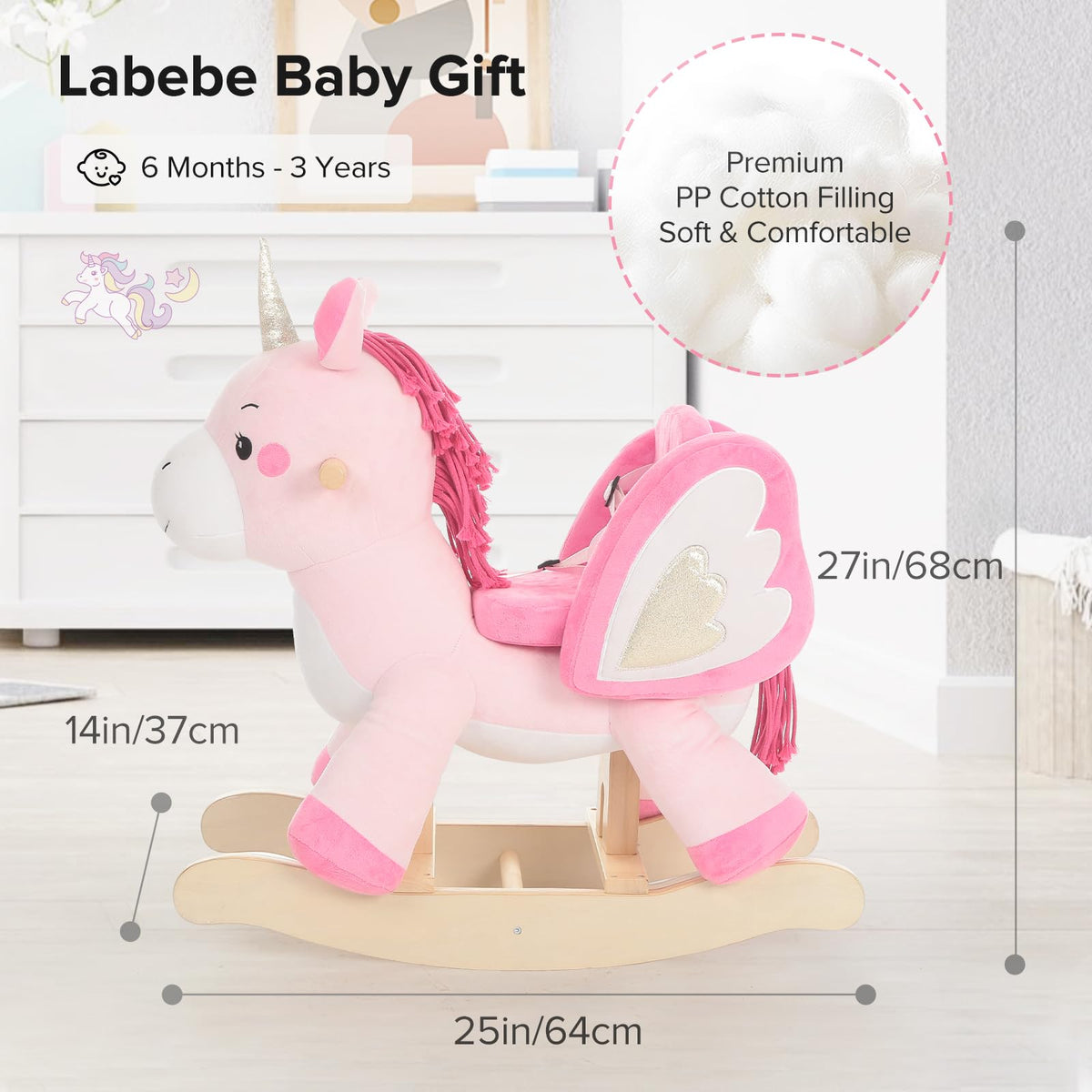 Labebe playroom decor featuring the pink unicorn rocker as a charming focal point.