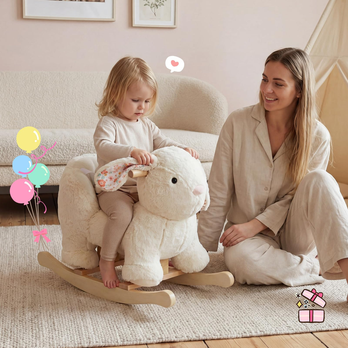 Labebe rabbit rocker shows a secure high-back seat for stable riding
