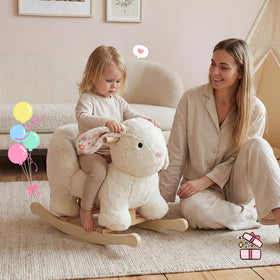 Labebe rabbit rocker shows a secure high-back seat for stable riding
