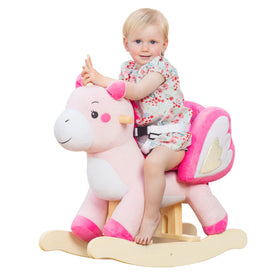 Labebe pink unicorn rocker front view with plush charm and sturdy wood frame for safe rocking.