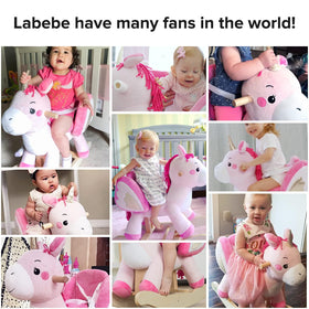 Labebe pink unicorn rocker side view showing ergonomic seat and secure design.