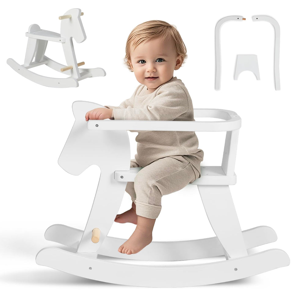 Labebe white rocking horse enhances timeless play and calm indoor fun.