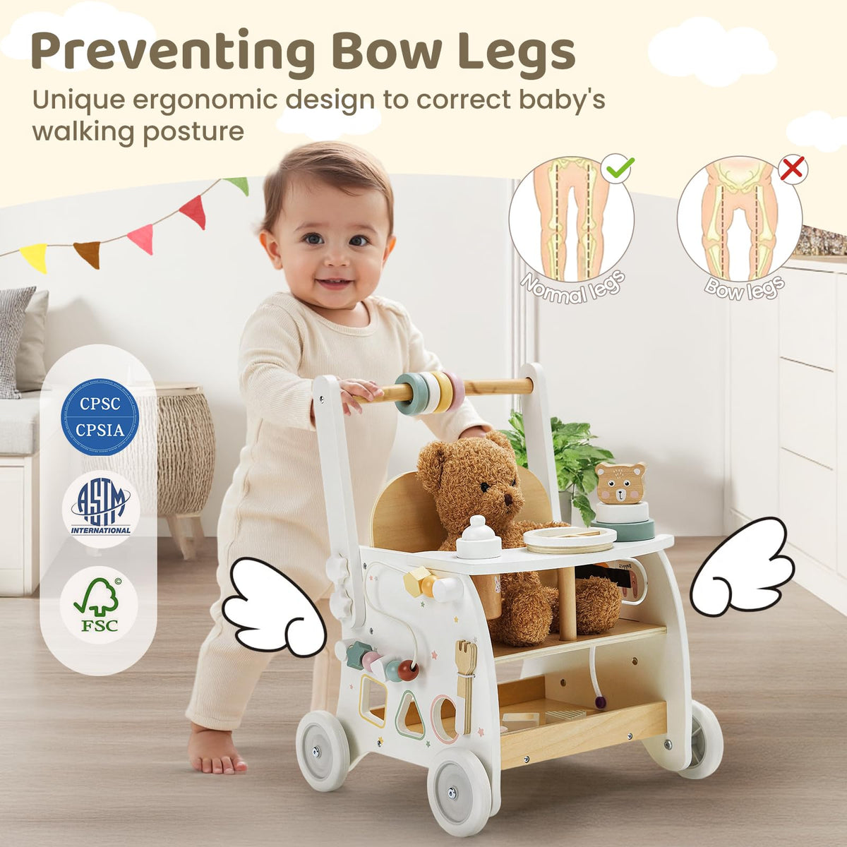 Labebe wooden baby walker adjustable speed wheels for gentler, quieter pushing.