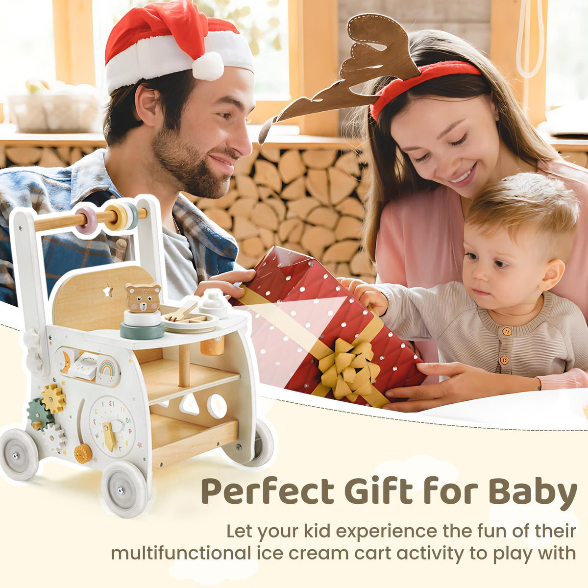 Labebe wooden baby walker bright colors attract toddlers during playtime.