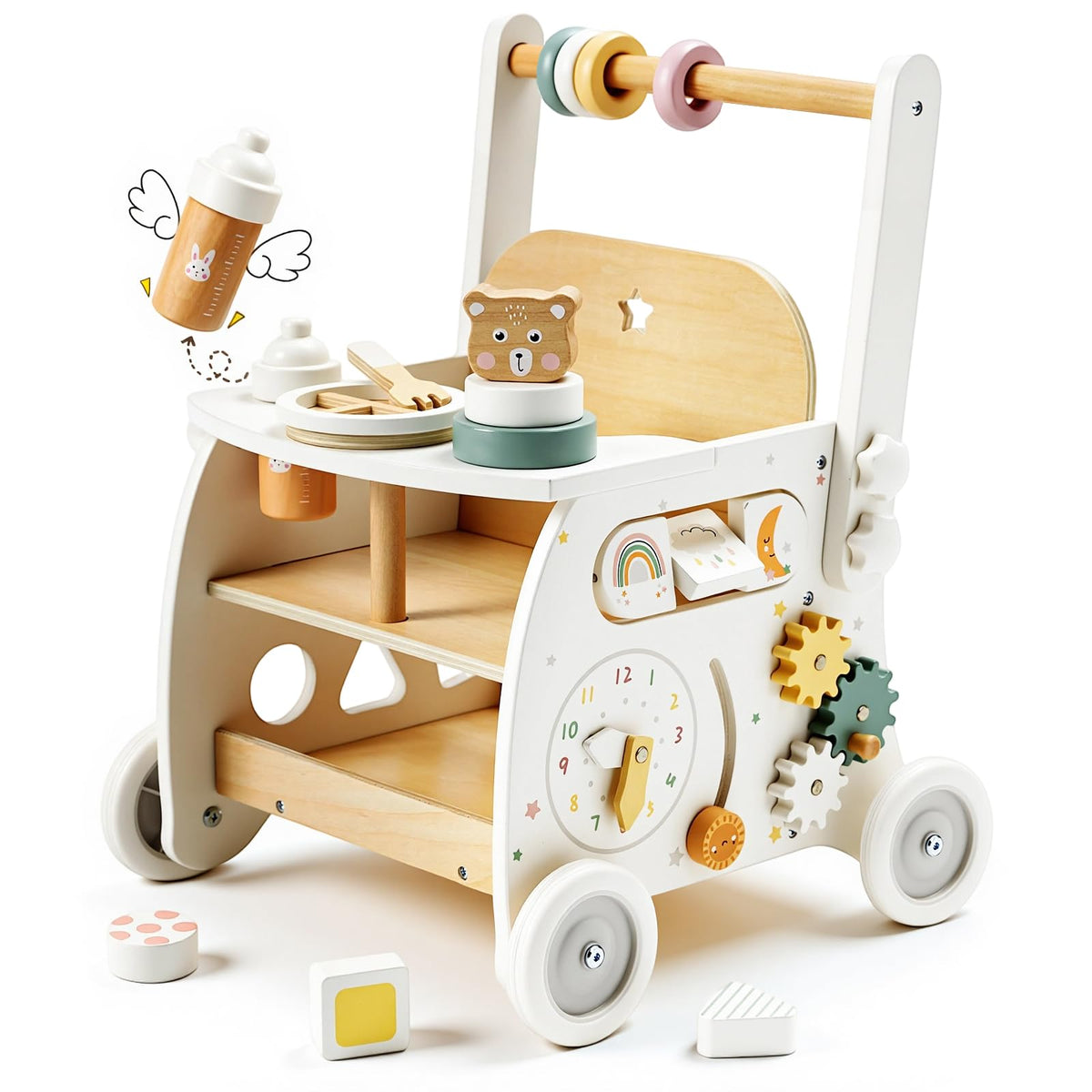 Labebe wooden baby walker front view showing sturdy construction for curious toddlers.