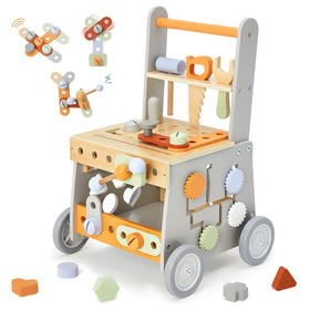 Labebe wooden baby walker with tools for creative play and fine motor skills.