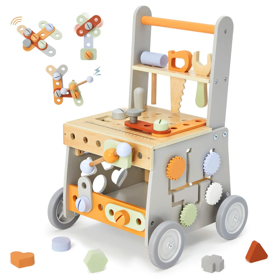 Labebe wooden baby walker with tools for creative play and fine motor skills.