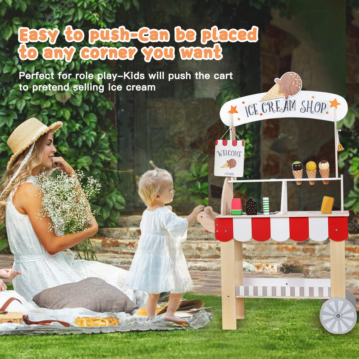 Labebe wooden ice-cream cart pull-handle enables easy mobility for little sellers.