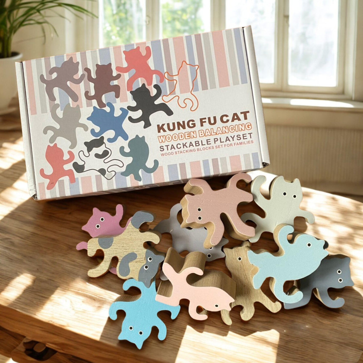 Laboos Kung Fu Cat wooden figures offer a tactile, sculptural accent.