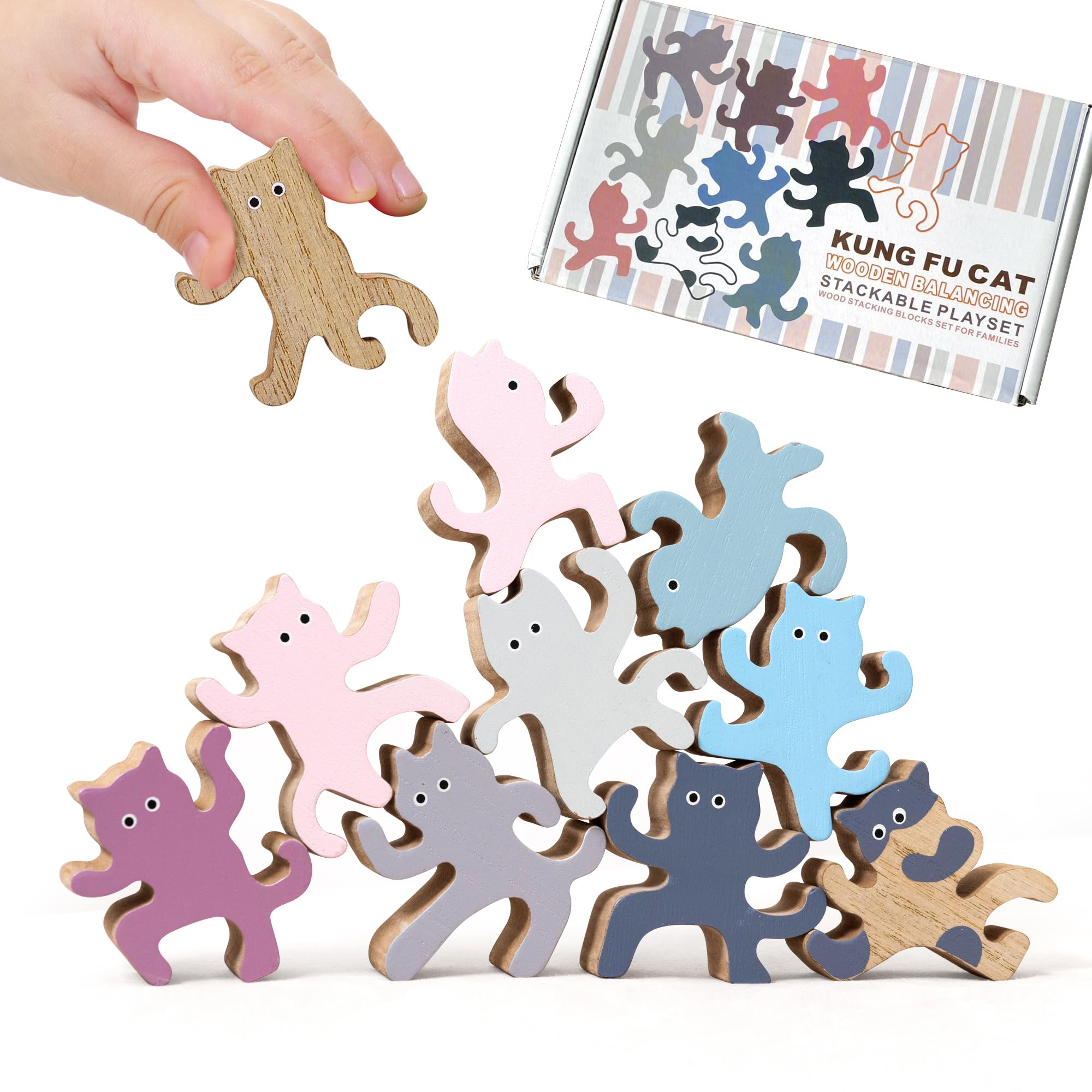 laboos Kung Fu Cat Wooden Stacking Challenge – 10-Piece Desk Decor & O ...