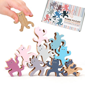 Laboos Kung Fu Cat wooden stackers on display, ideal for sparking desk creativity.