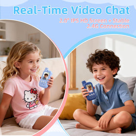 Labzuka kids walkie talkie showing the 2 inch screen during a playful video chat