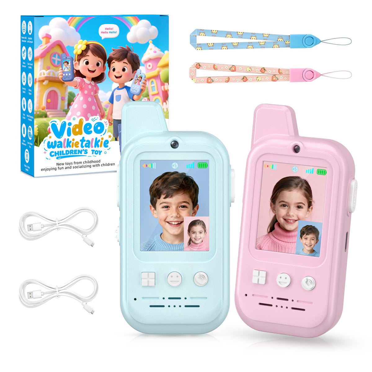 Labzuka video walkie talkies for kids, unboxing view, ideal for active play.