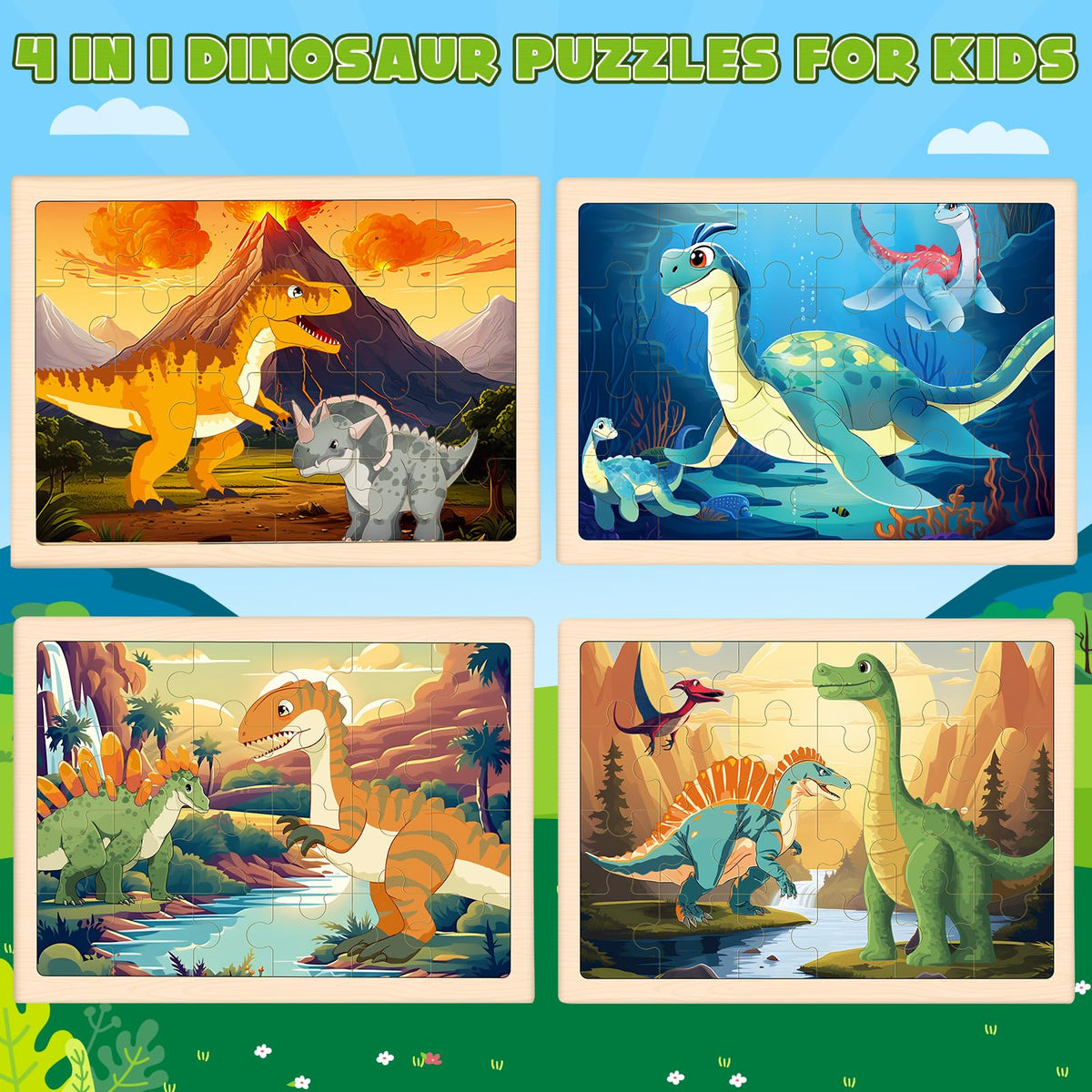 LACCHOUFEE colorful dinosaur puzzle backdrop encourages visual tracking during playtime.