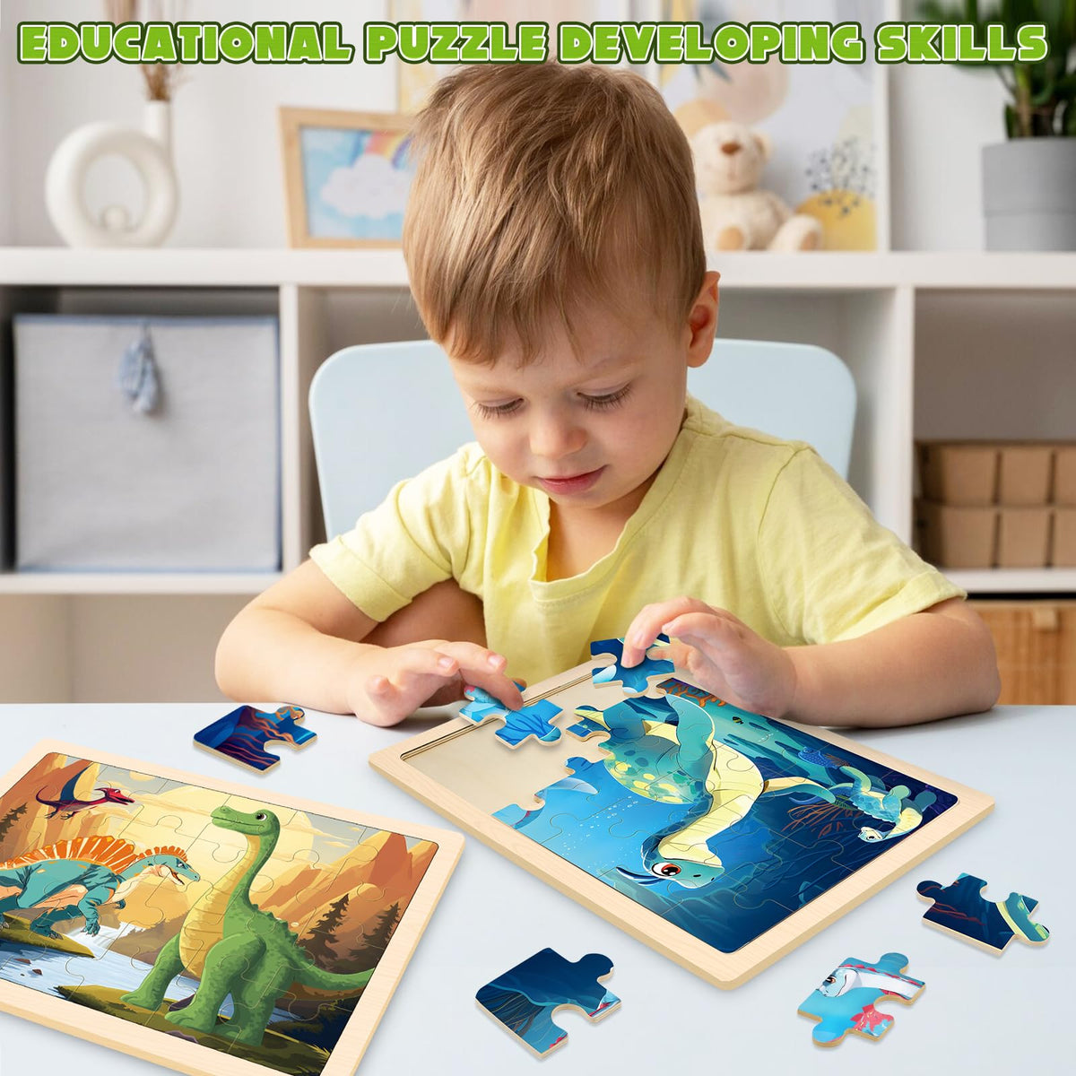 LACCHOUFEE dinosaur puzzle in progress captures toddlers' attention for extended play.
