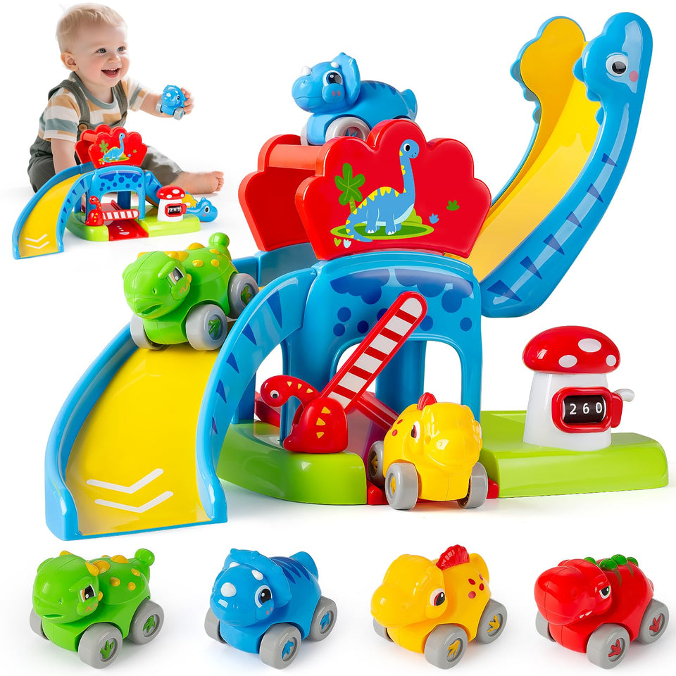 LACCHOUFEE dinosaur ramp toy with colorful cars sparks imaginative play and hand-eye coordination.