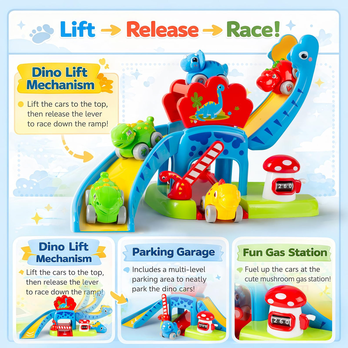 LACCHOUFEE four mini dino cars for friction-powered zooms and independent play.
