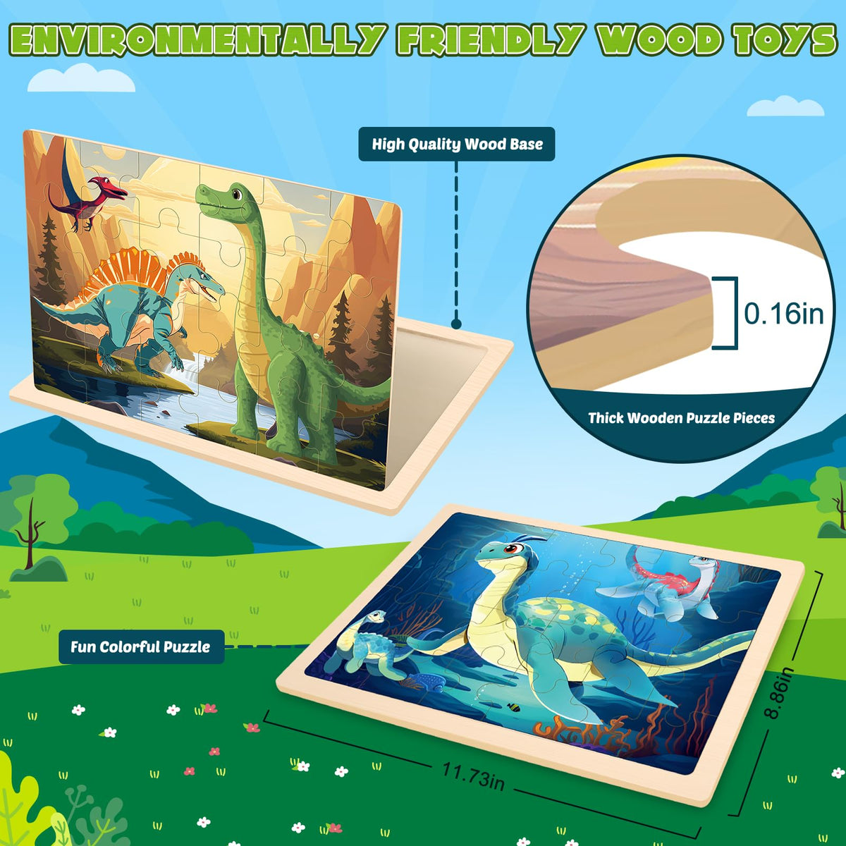 LACCHOUFEE wooden puzzle pieces dinosaurs support shape recognition and creative play.