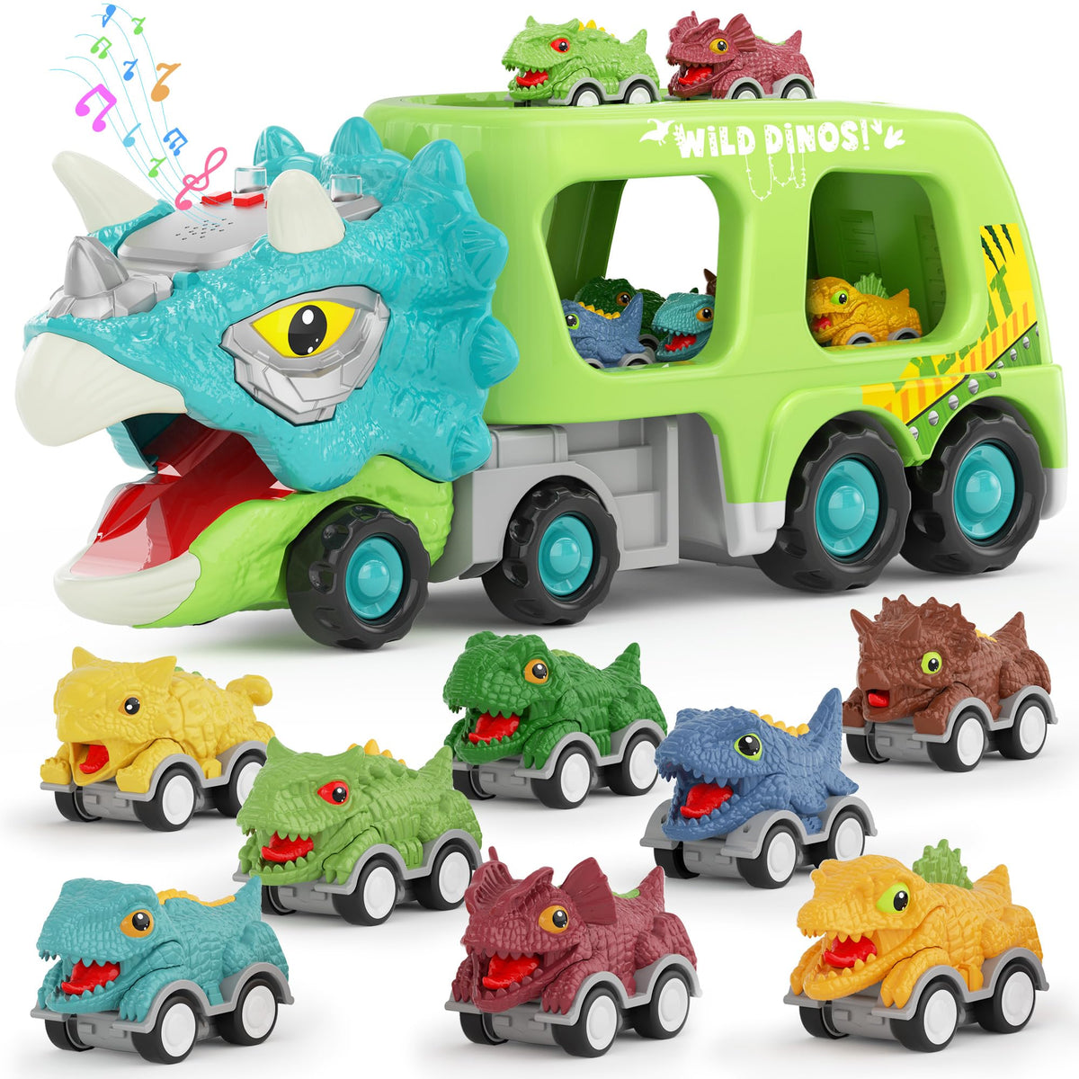 LADFAR dinosaur carrier truck with eight dino cars for endless pretend play