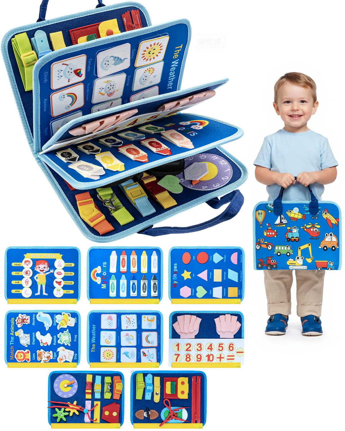 LADFAR Montessori Busy Board zipper page supports tactile practice and fine motor skills.