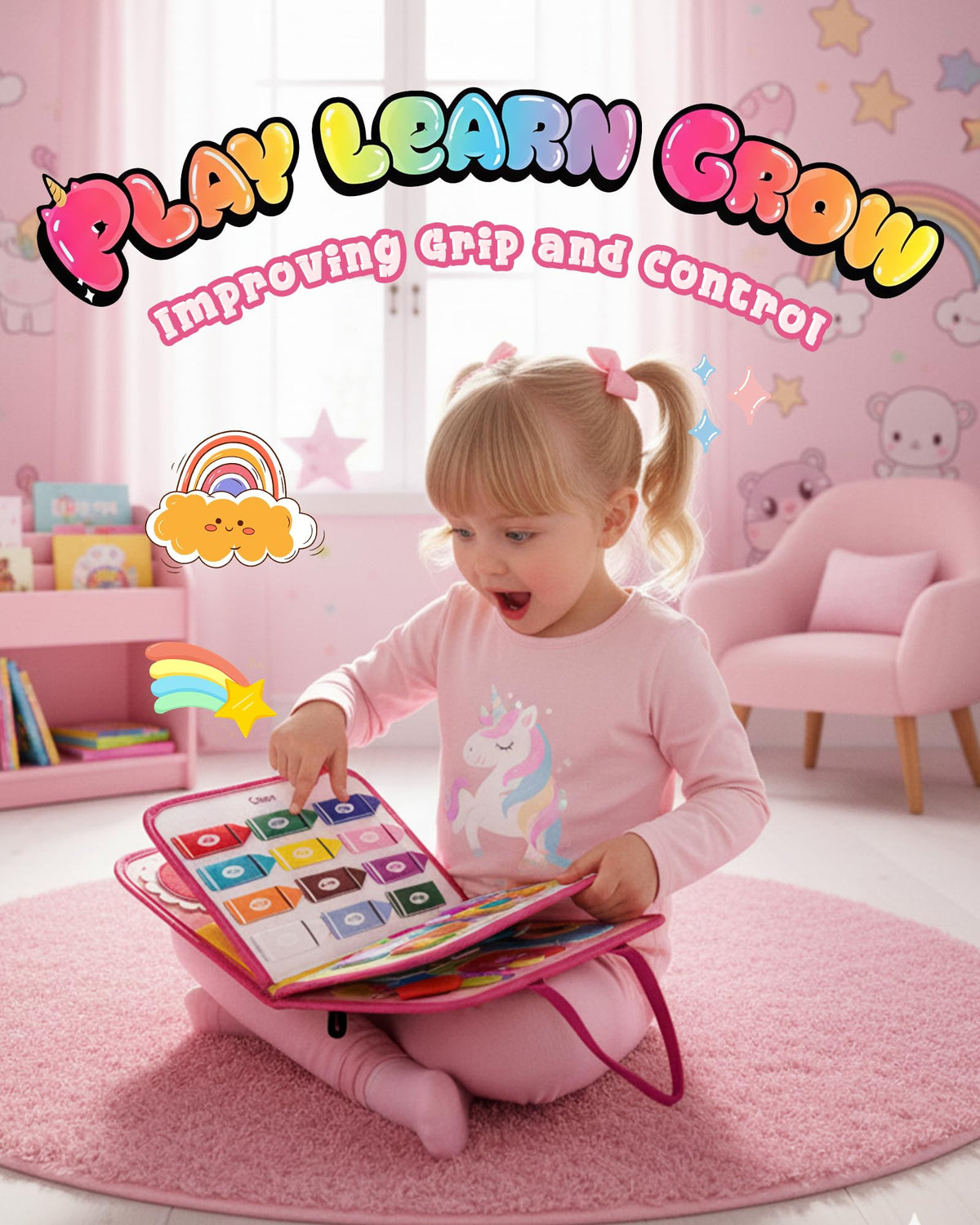 LADFAR Pink Montessori Busy Board buckle page supports independent dressing.