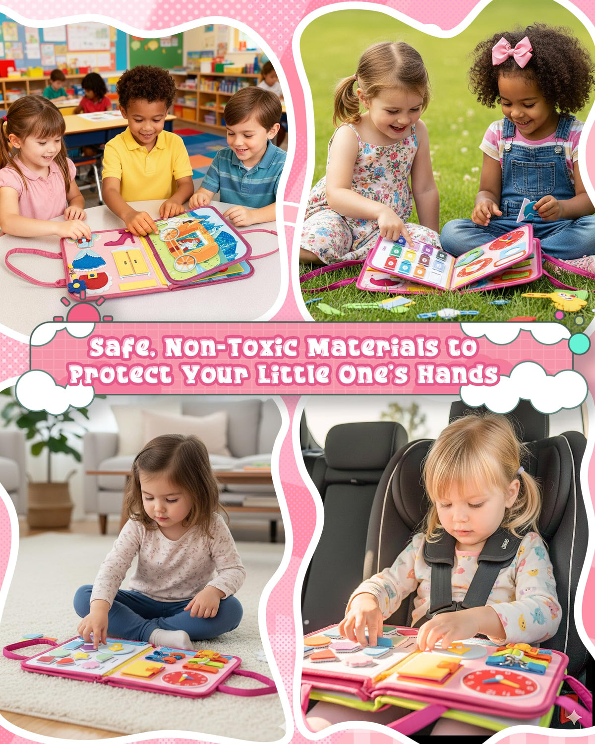 LADFAR pink Montessori busy board carry handle for travel convenience.