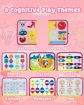 LADFAR pink Montessori busy board clock page introduces time concepts.