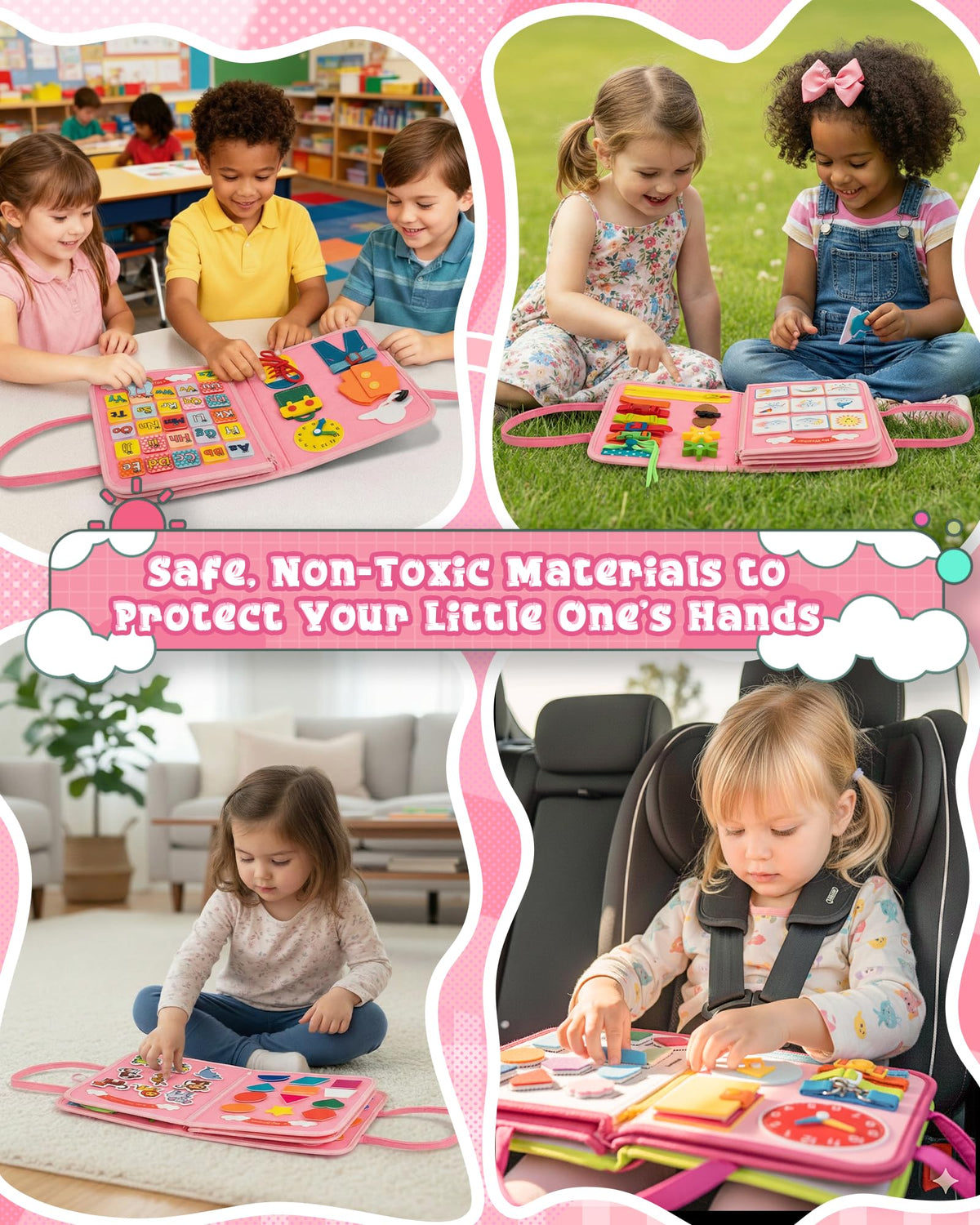 LADFAR Pink Montessori Busy Board clock page introduces timing concepts.
