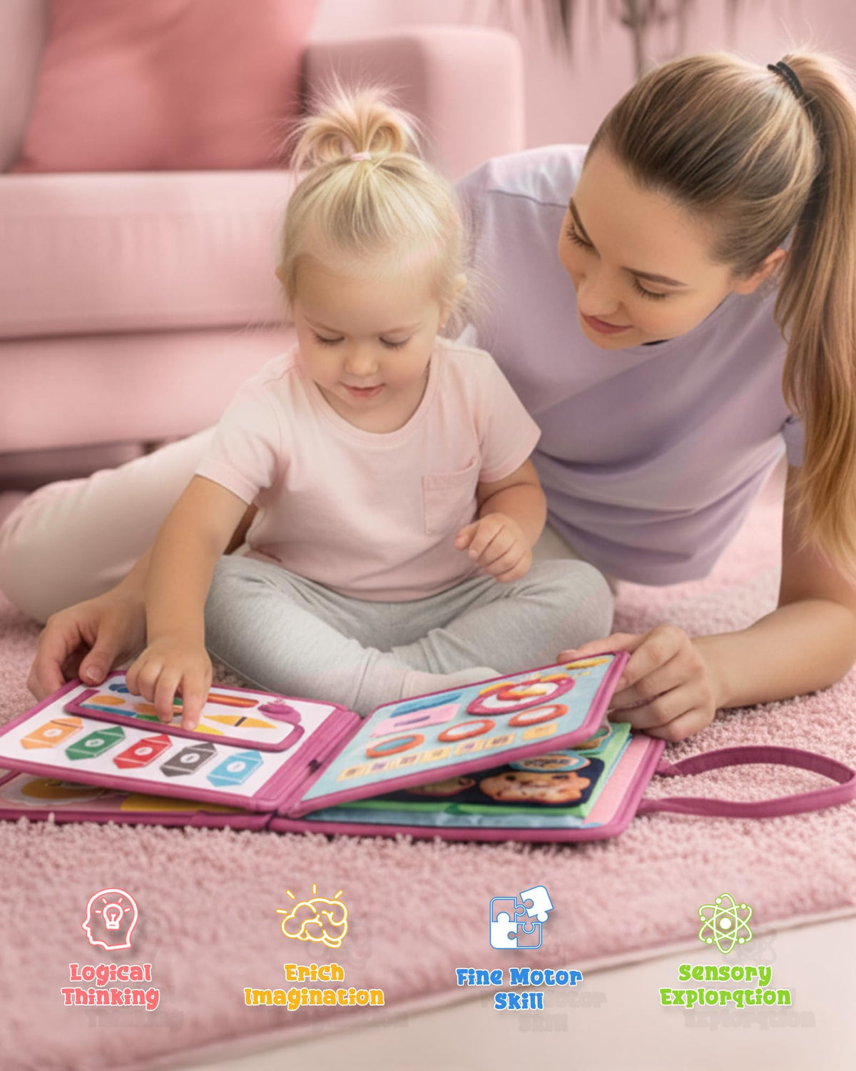 LADFAR pink Montessori busy board lace page teaches tying skills.