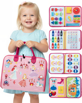 LADFAR pink Montessori busy board zipper activity promotes fine motor skills.