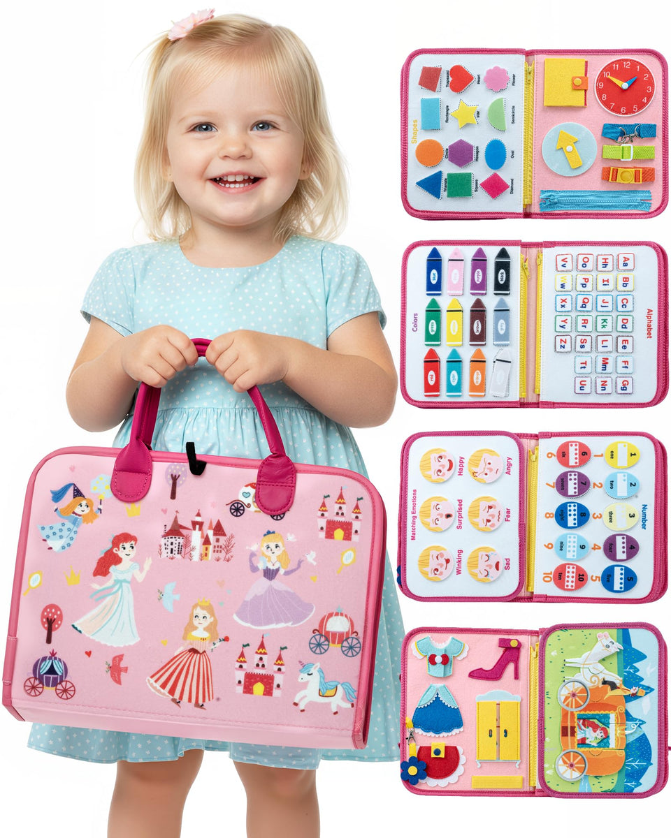 LADFAR pink Montessori busy board zipper activity promotes fine motor skills.