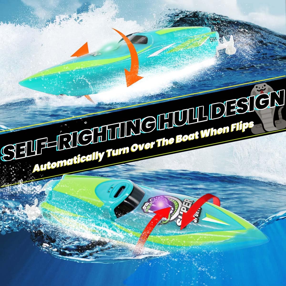 LAFALA water-safe RC boat with sealed battery compartment for water use.