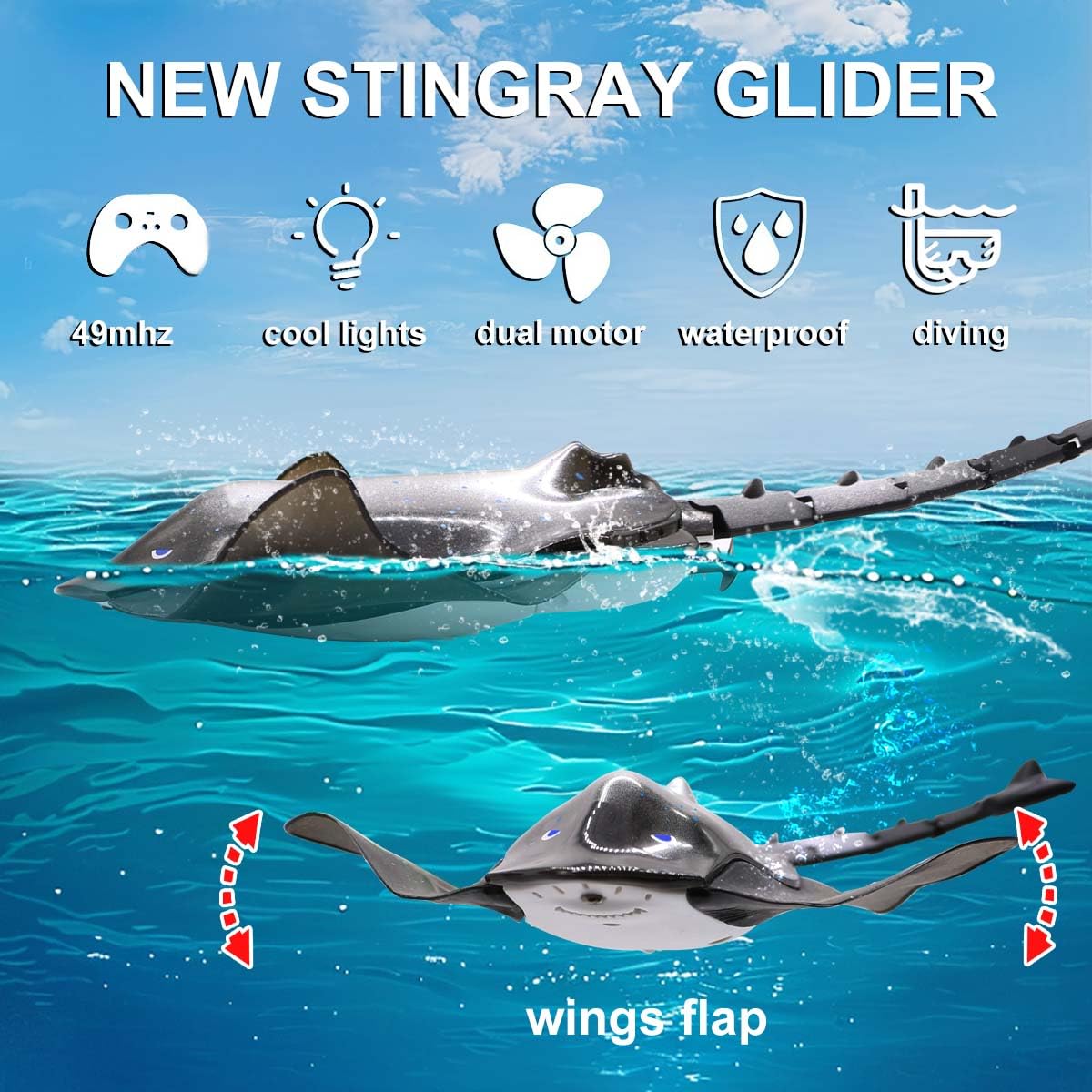 LAFALA stingray performing underwater swim in the pool for immersive play.