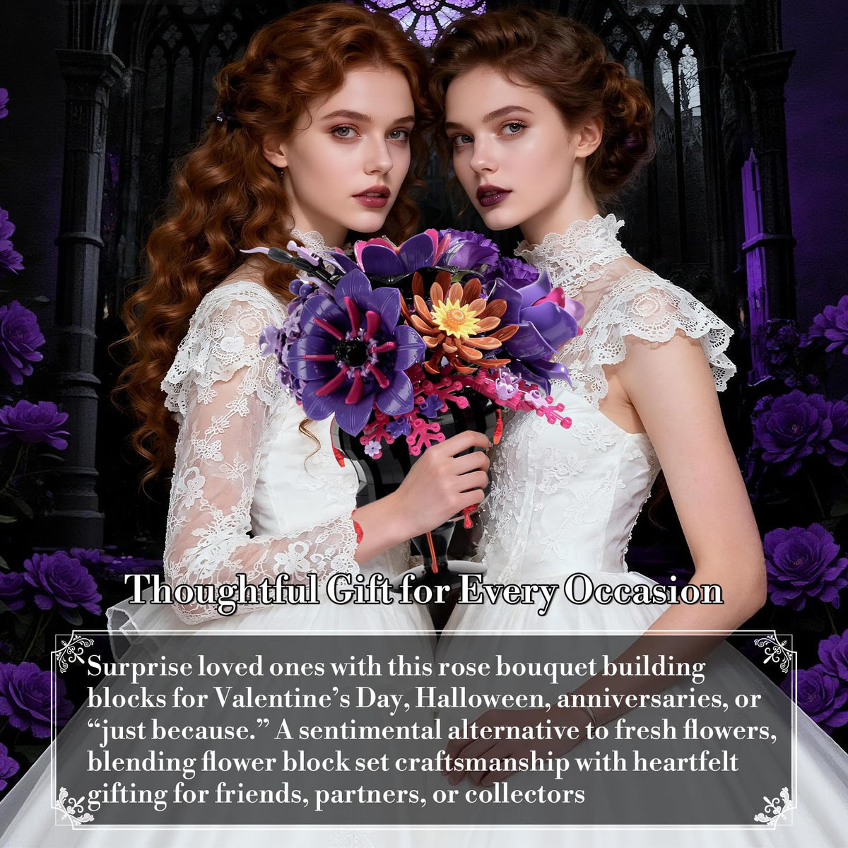 Lafnewv Gothic-inspired decor complements modern interiors with deep purple blooms.