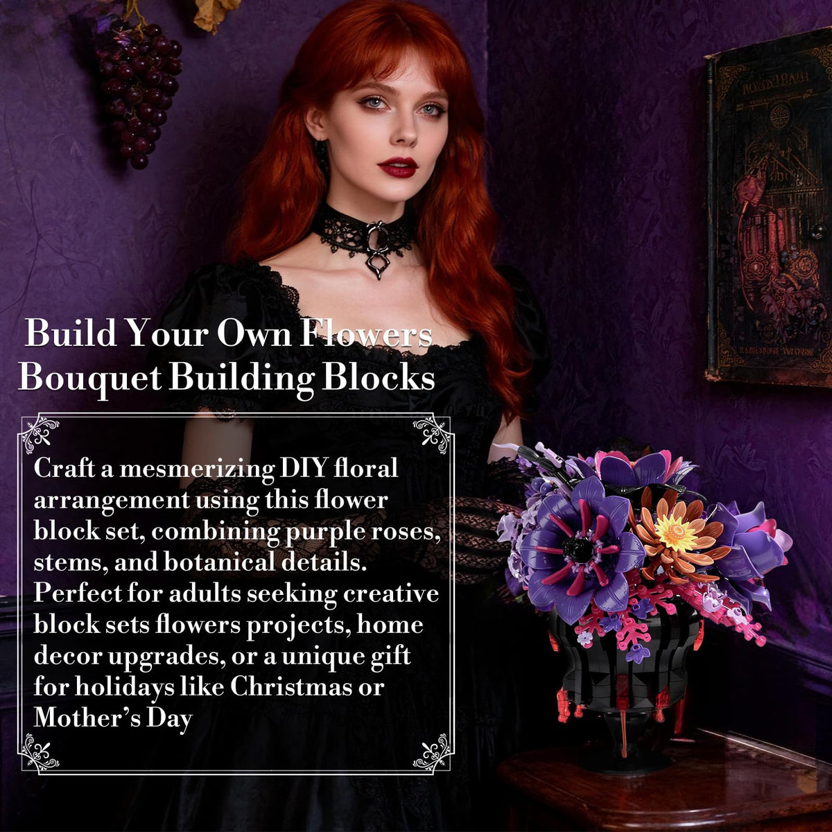 Lafnewv Purple Roses Bouquet Block Set in a vase creates a bold gothic decor focal point.