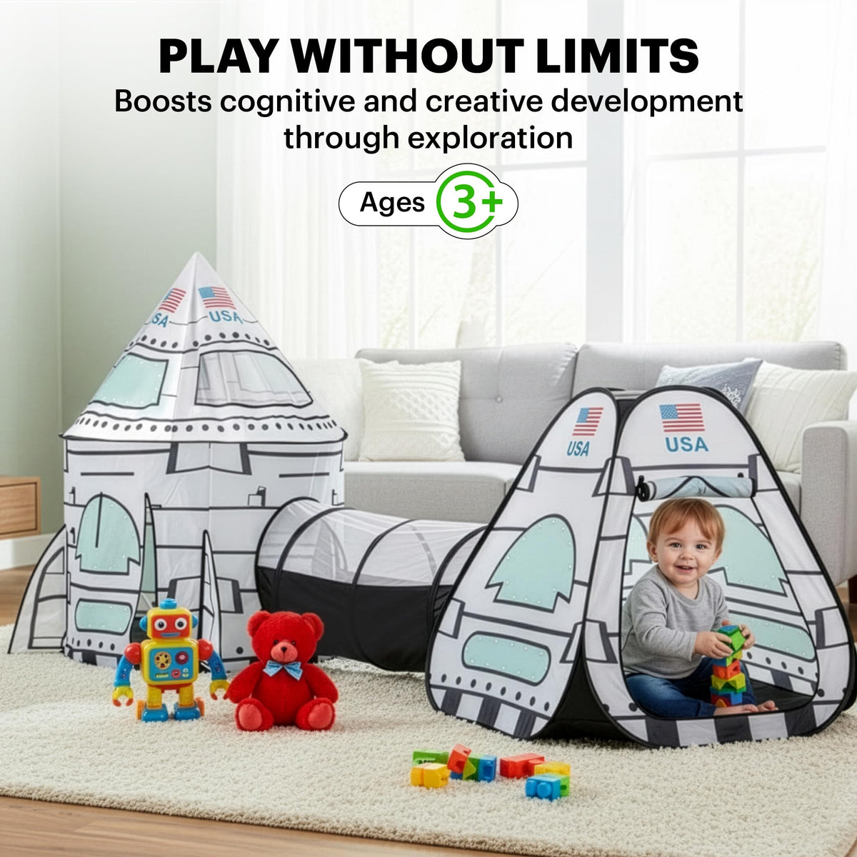Lafyette play tent cube pod provides versatile spaces for solo or cooperative fun.