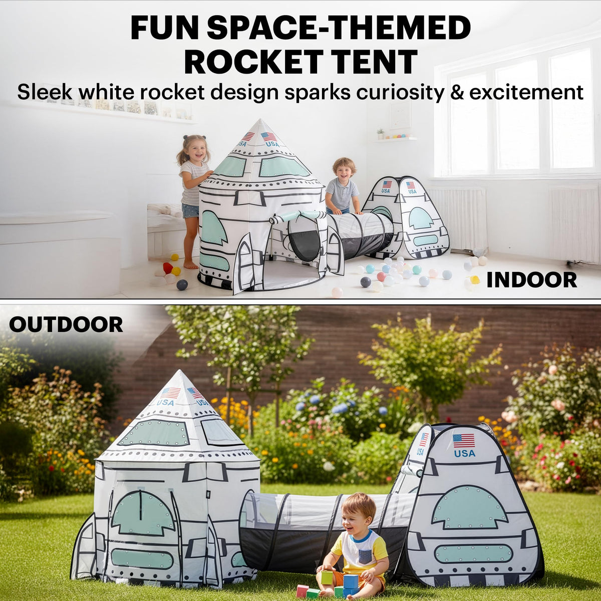 Lafyette pop-up rocket tent setup speeds up quick indoor play sessions.