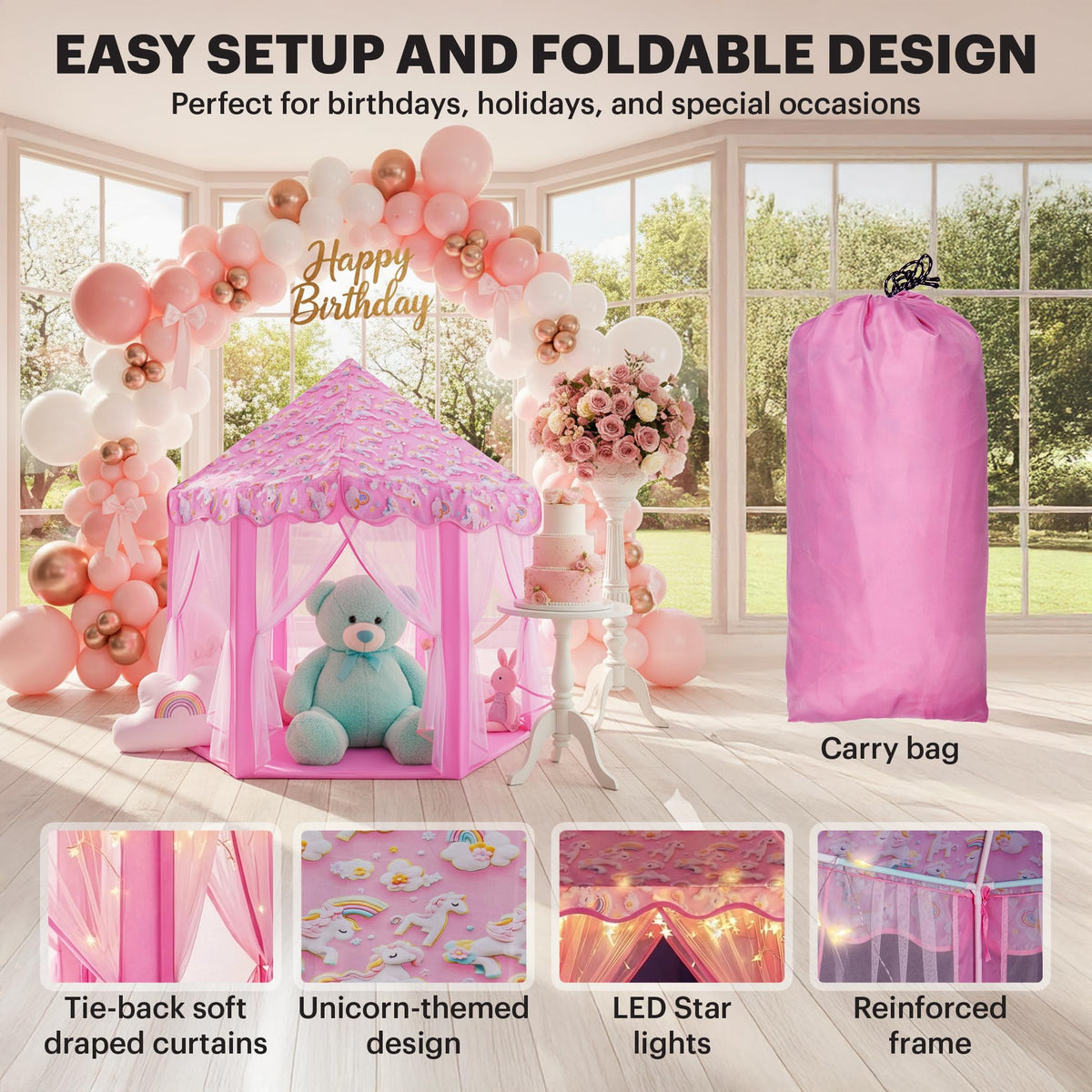 Lafyette Princess Tent roomy interior fits multiple children and toys comfortably