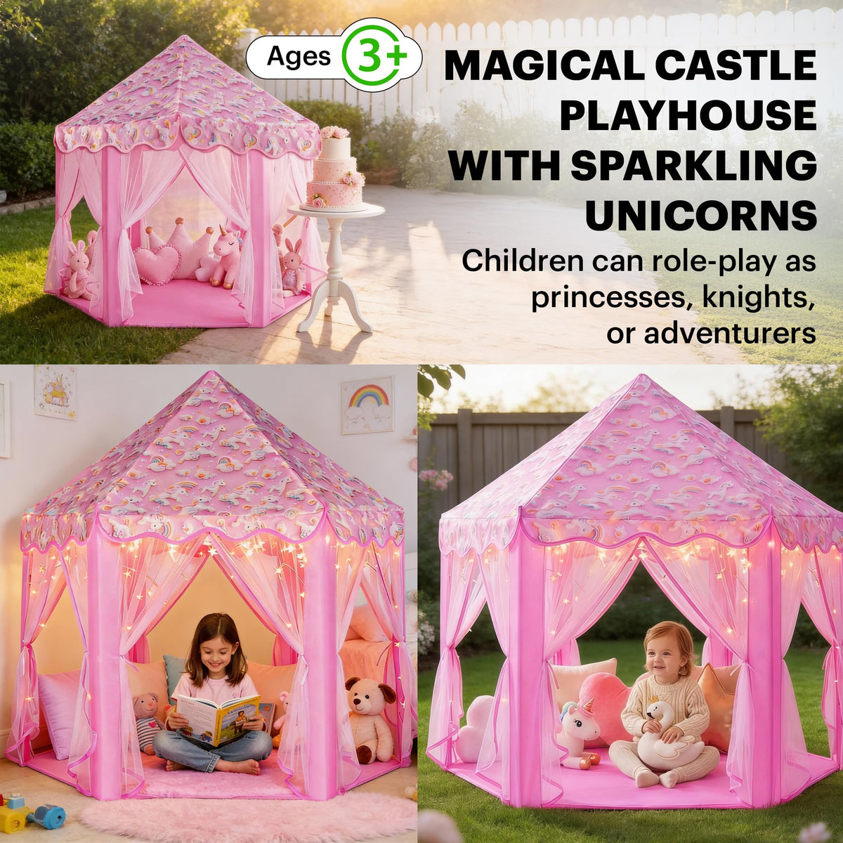 Lafyette Princess Tent with unicorn graphics sparks imaginative storytelling during play