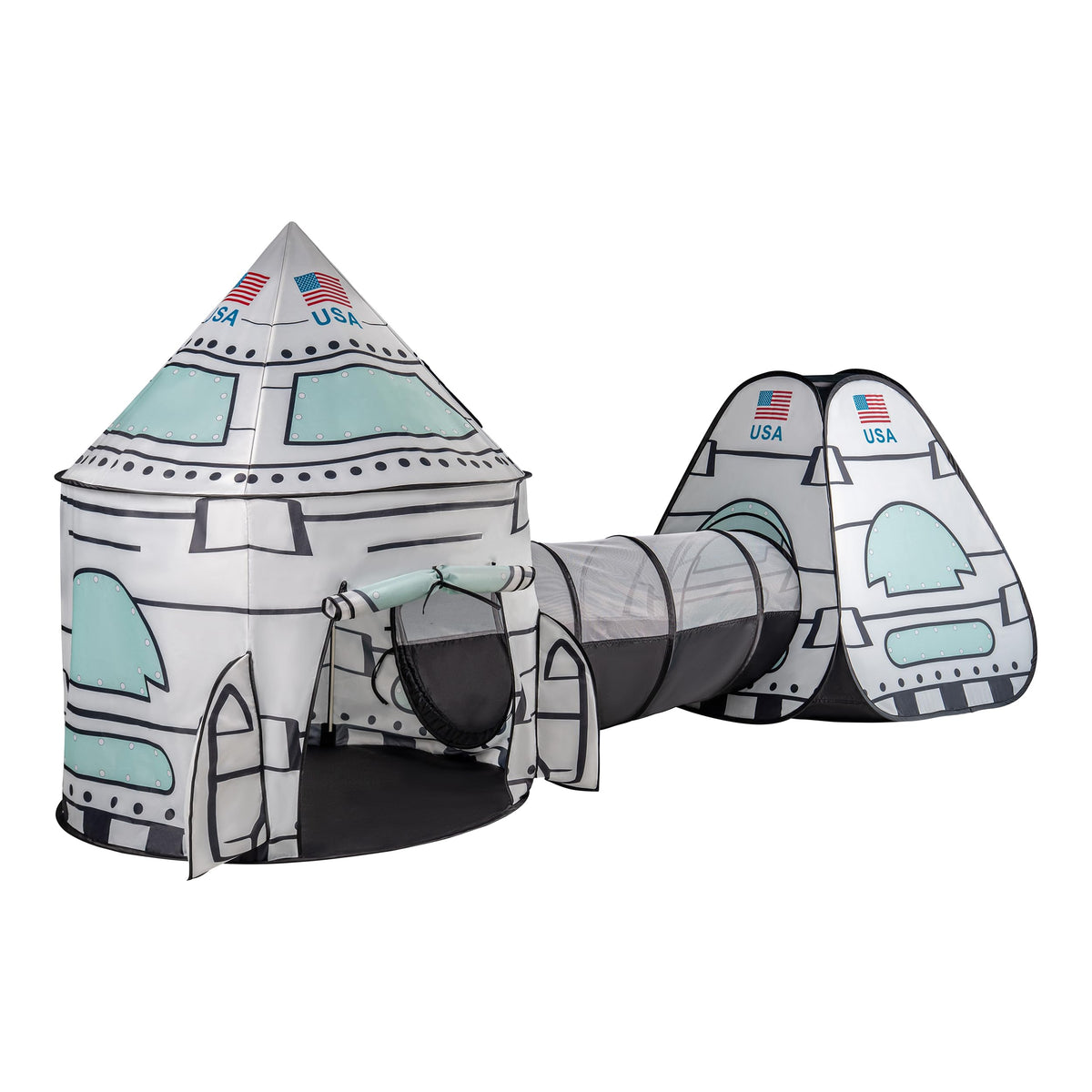 Lafyette white rocket tent with tunnel offers imaginative indoor play and easy access.