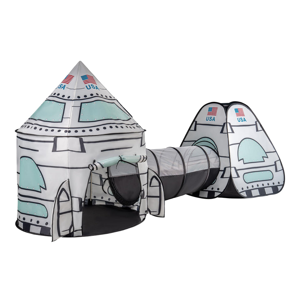 Lafyette white rocket tent with tunnel offers imaginative indoor play and easy access.